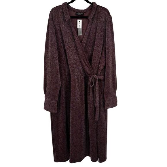 Lane Bryant Lurex Faux-Wrap Collar Midi Dress Deep Cranberry Size 30/32 NWT - Picture 2 of 11